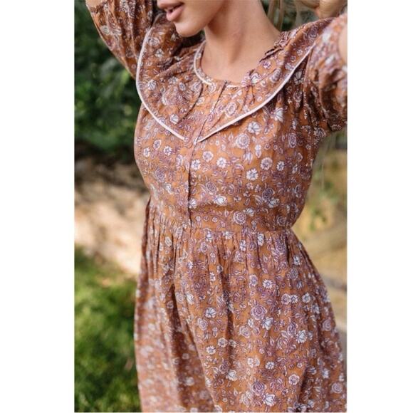 Stockplace The Label Amber Glow Brown Floral Ruffle Puff Sleeve Midi Dress Small - Picture 10 of 15